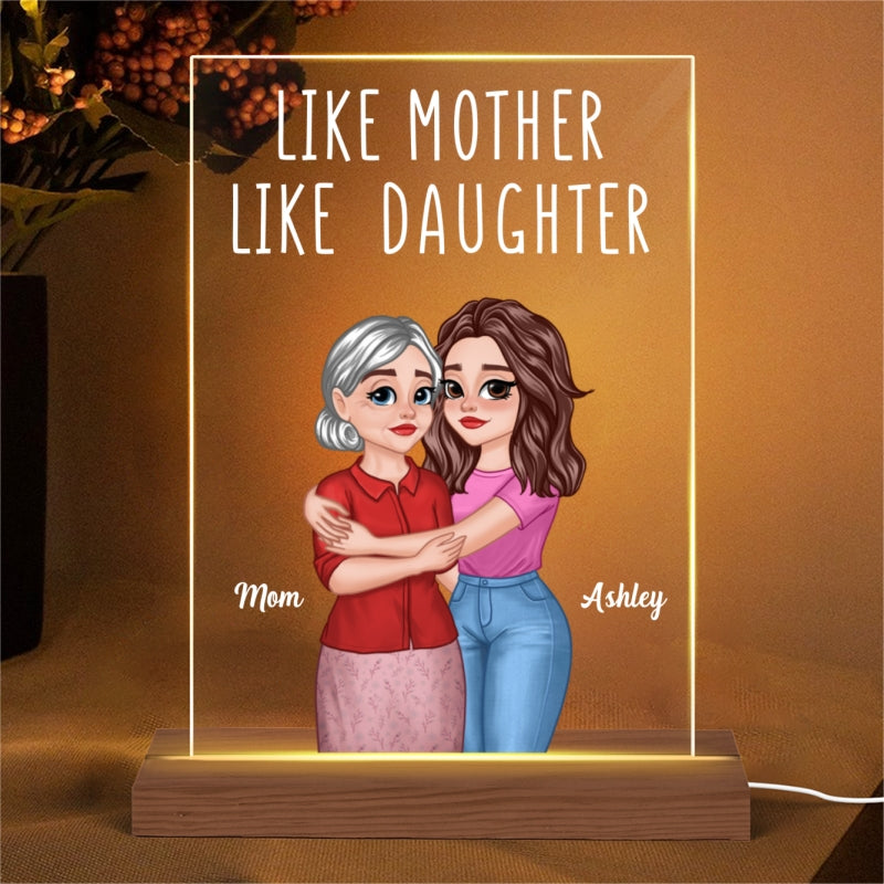 Like Mother Like Daughters Cartoon Hugging Mom Daughters Personalized Rectangle Acrylic Plaque With LED Night Light