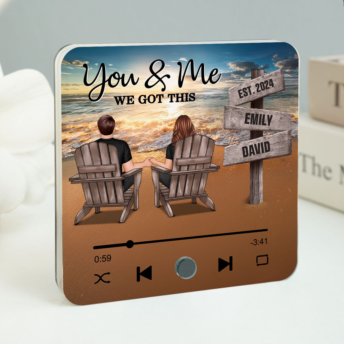 Romantic Beach Landscape Couple Sitting Holding Hands Sign Posts Personalized Bluetooth Music Fridge Magnet, Heartfelt Gift For Couple, For Him, For Her, Boyfriend, Girlfriend, Husband, Wife