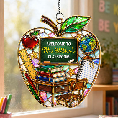 Teacher Apple Welcome to Classroom - Personalized Acrylic Window Hanging - Back to School Gift for Teacher, Classroom Decor