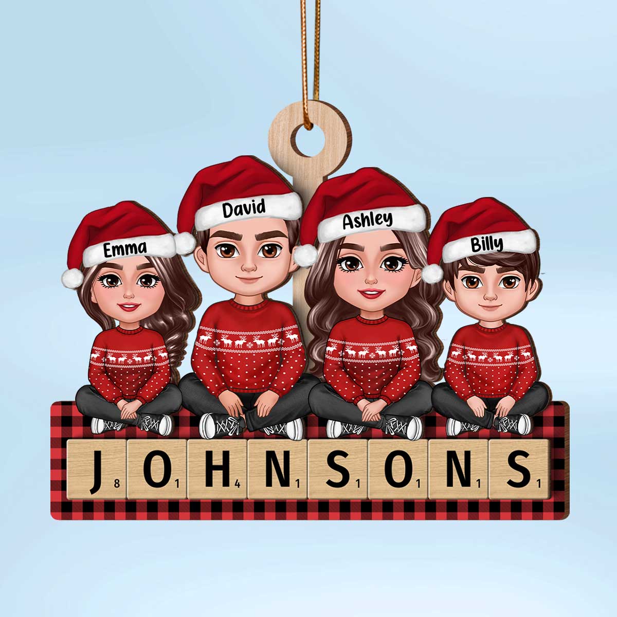 Whole Family Sitting On Word Personalized 2-Layer Wooden Ornament