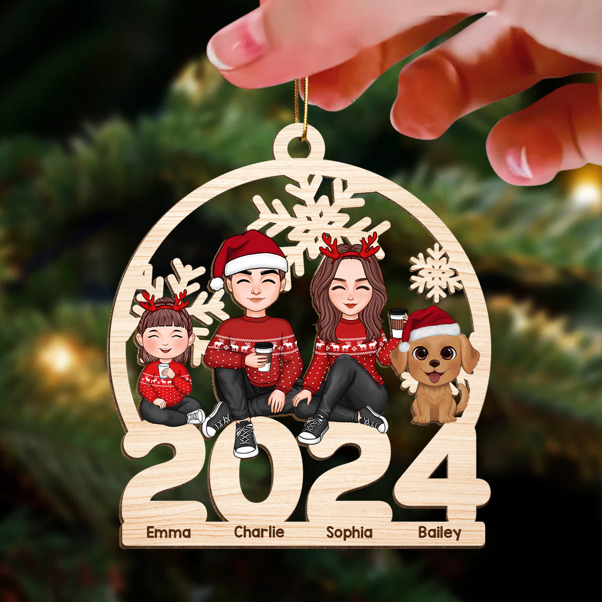 Cute Family Dad Mom Kid Dog Cat Sitting On 2024 Cut-through Personalized Wooden Ornament