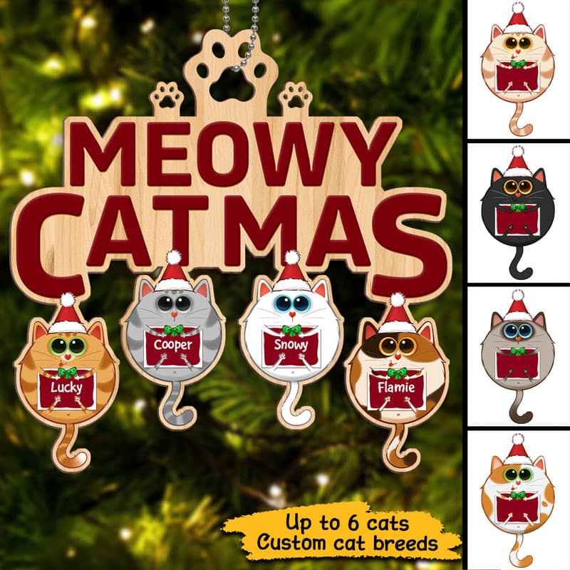 Meowy Catmas Round Fluffy Cat Personalized Christmas Wooden Ornament
