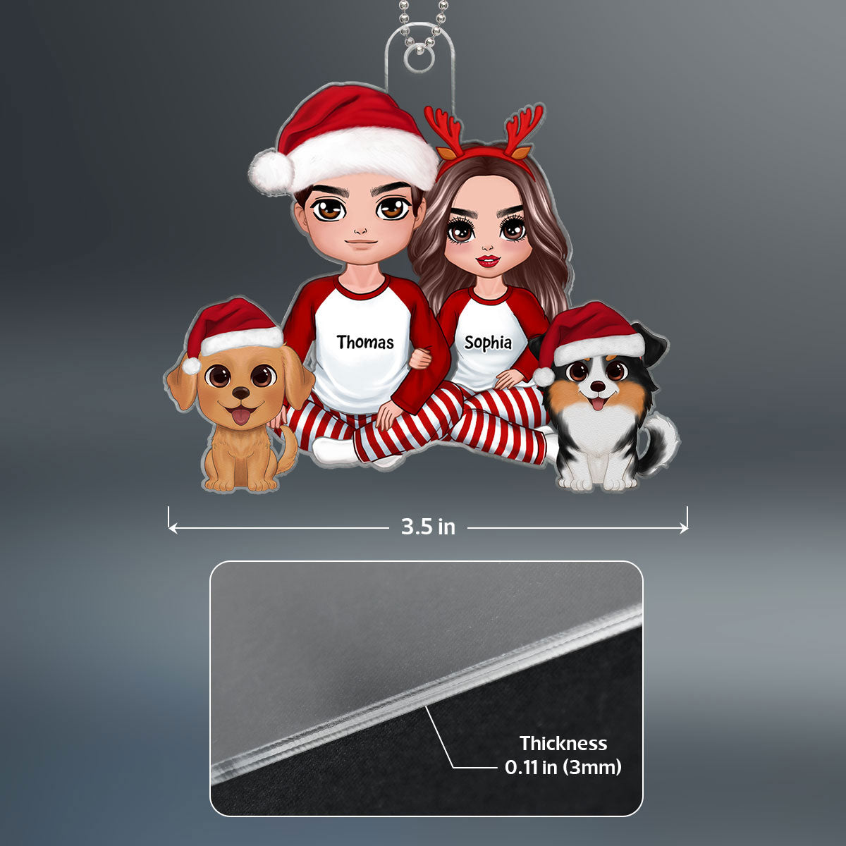 Doll Couple Sitting With Dog Christmas Personalized Acrylic Ornament