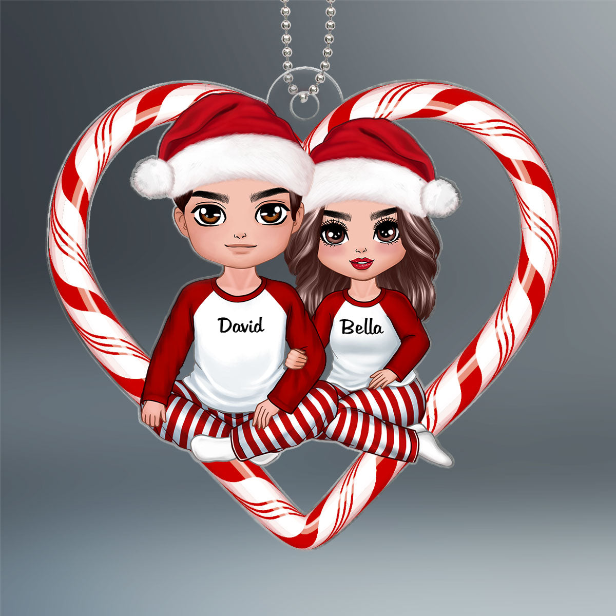 Christmas Doll Couple Sitting Candy Cane Heart Personalized Acrylic Ornament
