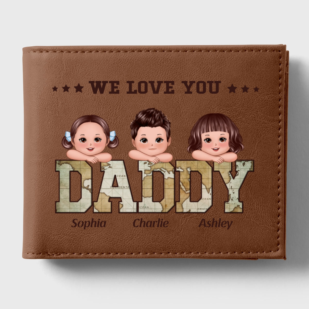 Daddy Grandpa We Love You World Map Pattern Personalized Printed Leather Wallet
