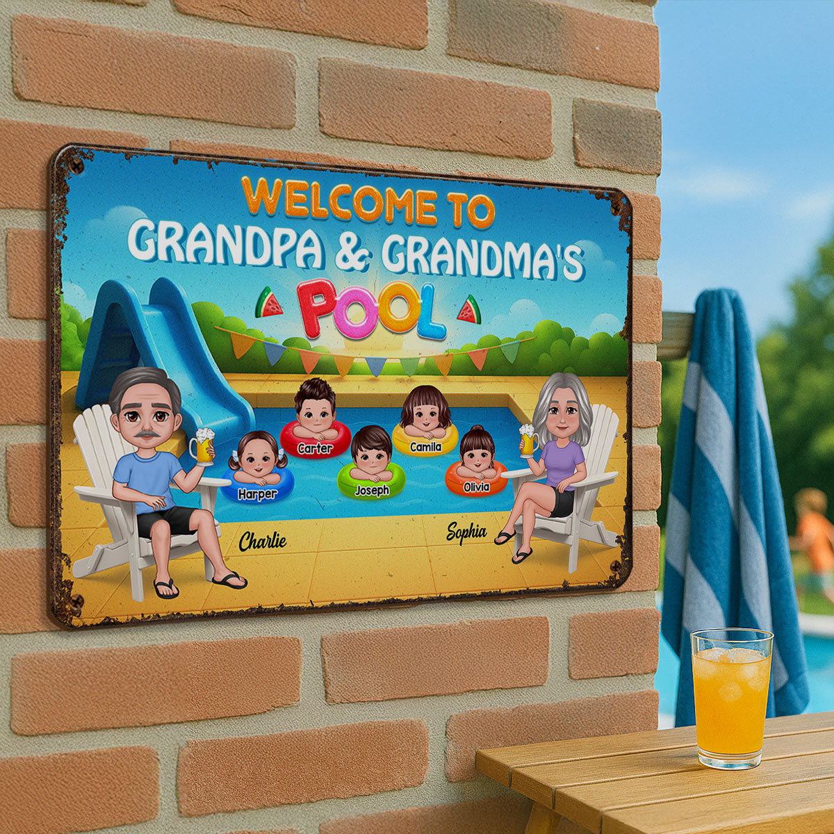 Summer Vibe Welcome To Grandpa Grandma Grandparents Pool Personalized Metal Sign