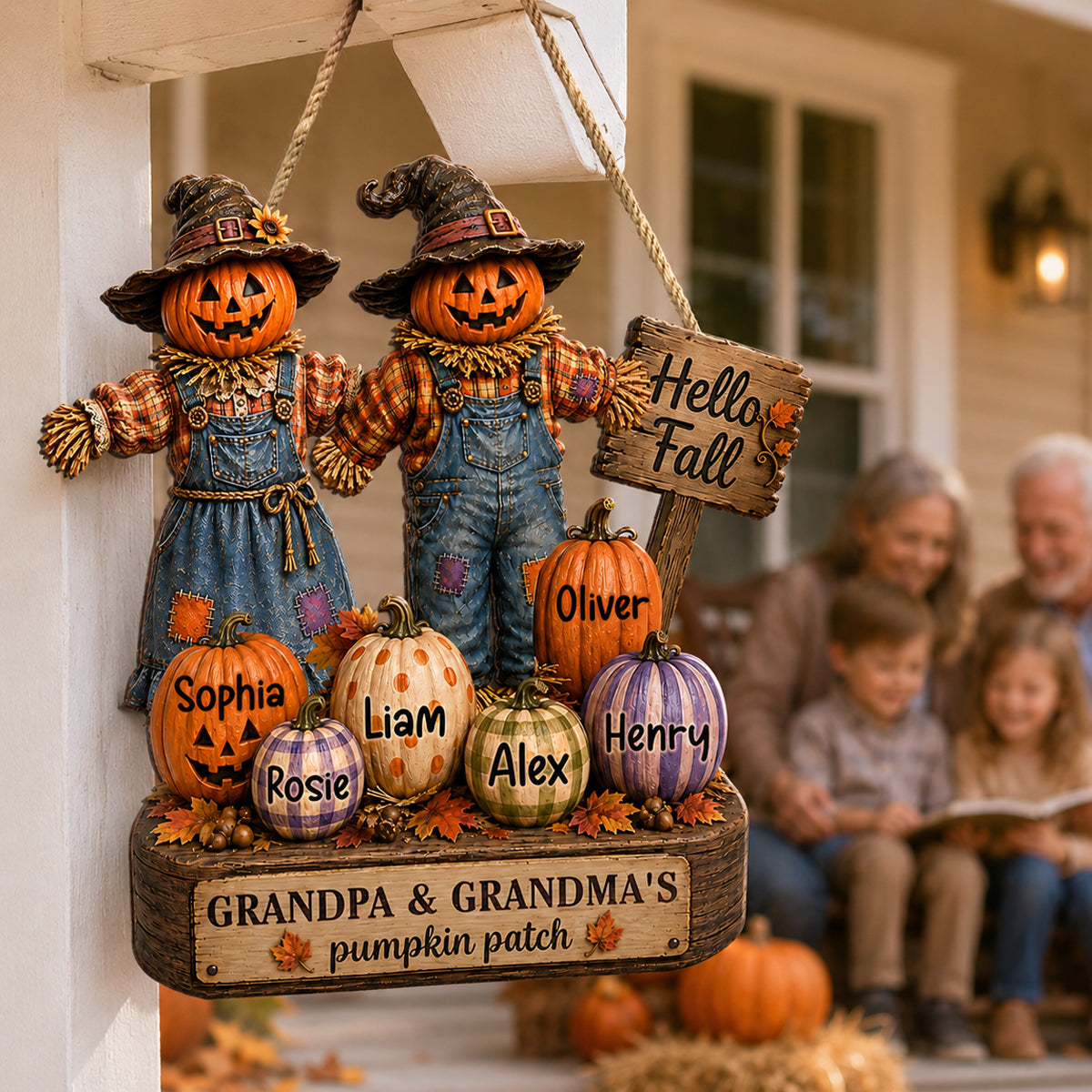 Grandma Grandpa's Pumpkin Patch Scarecrow - Personalized Door Sign - Halloween Fall Decor for Grandparents