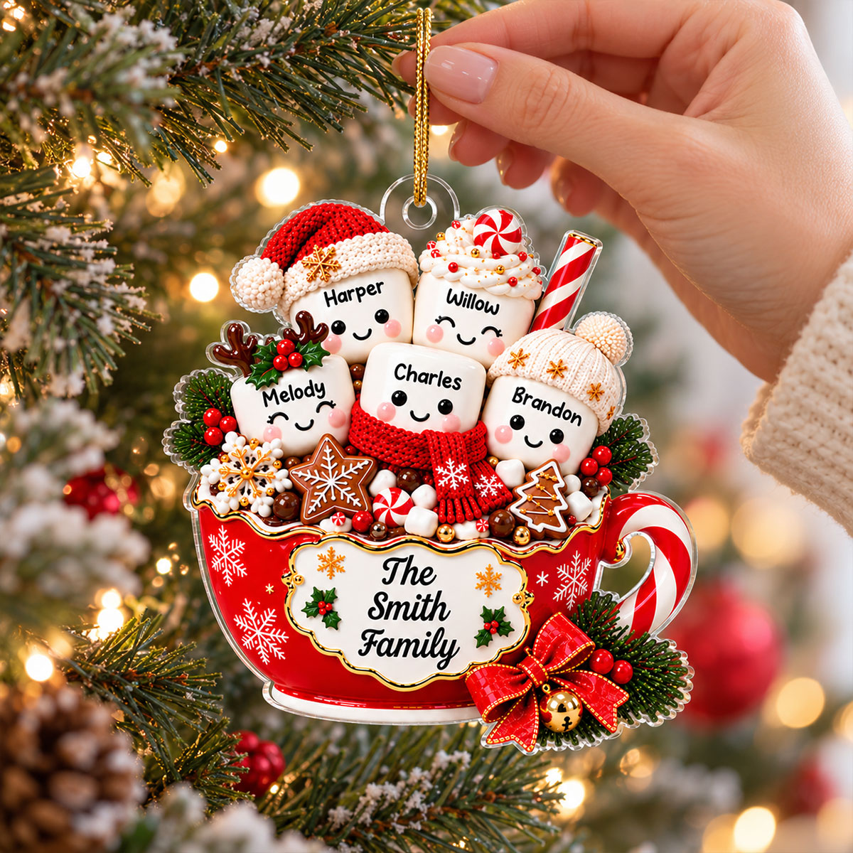 Hot Cocoa Marshmallow Family 2D Flat - Personalized Acrylic Ornament - Custom Names Family Gift