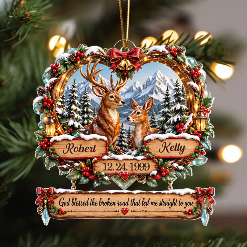 God Blessed the Broken Road Deer Couple - Personalized Acrylic Ornament - Christmas Gift for Him, for Her