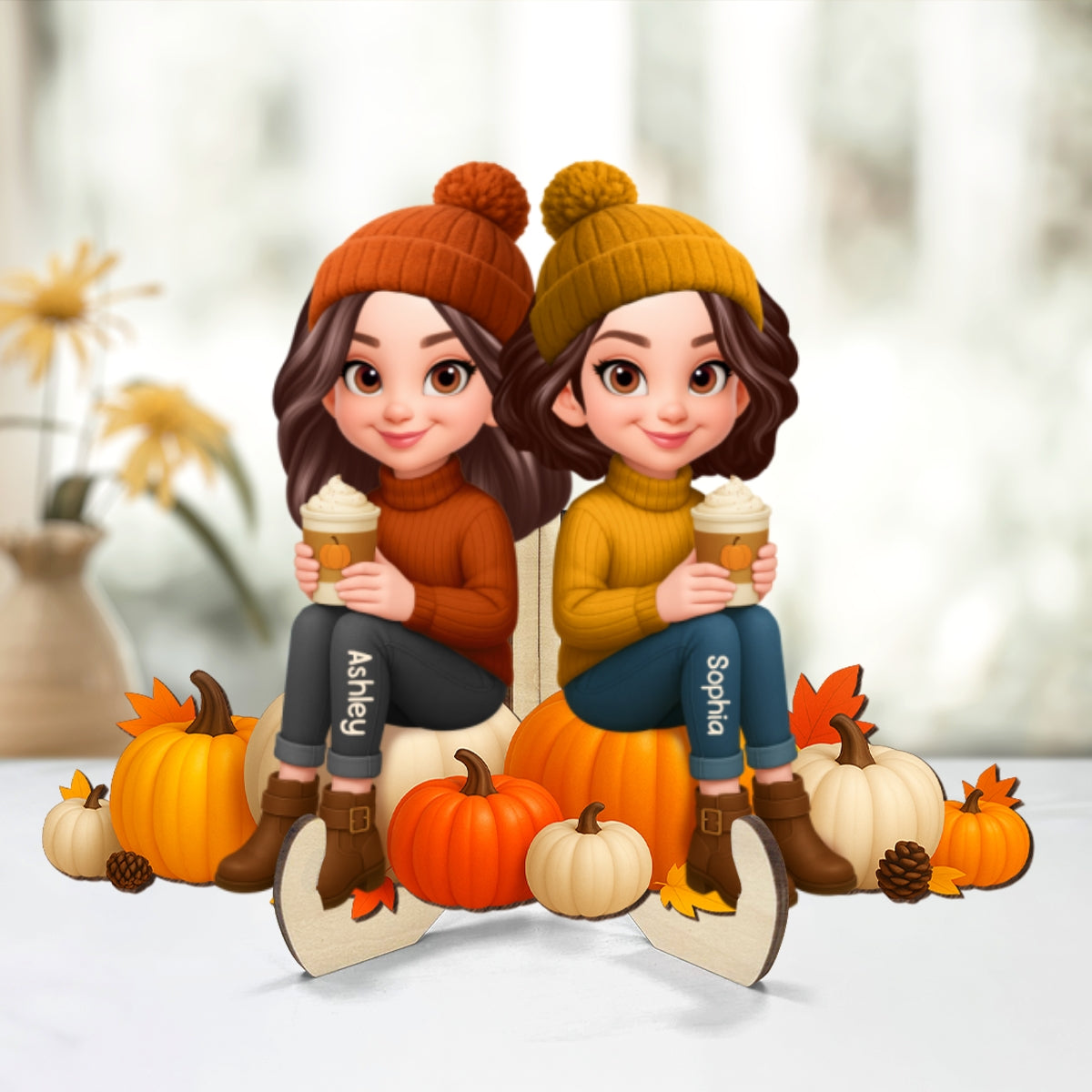 Fall Season Besties Sister Sitting On Pumpkins 3D Effect - Personalized 2-Layered Wooden Plaque
