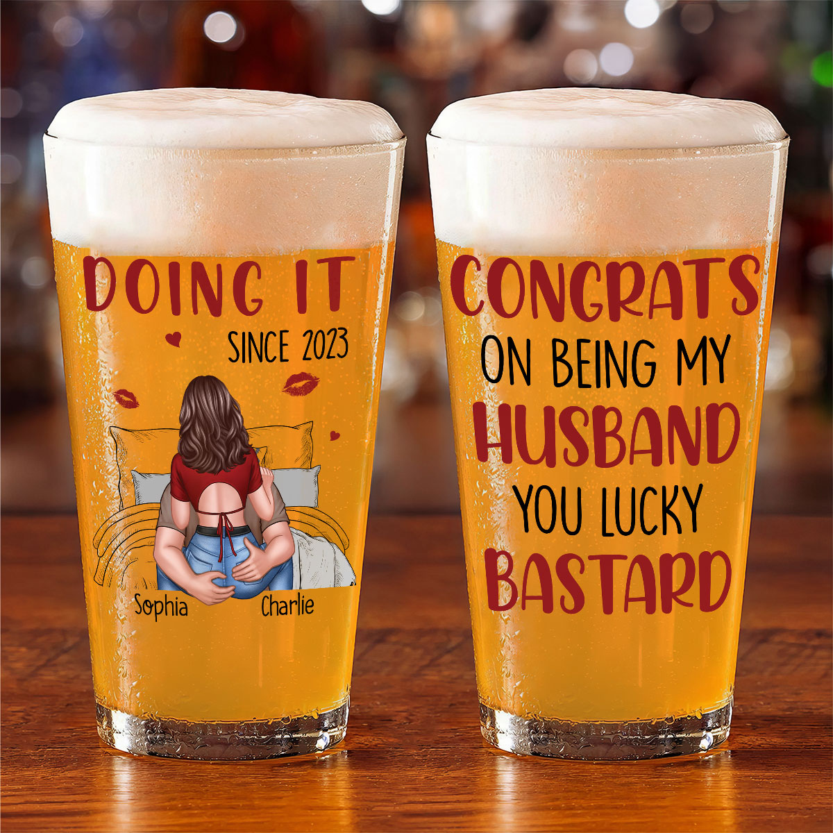 Congrats On Being My Husband Man Embracing Woman Back View Personalized Beer Glass