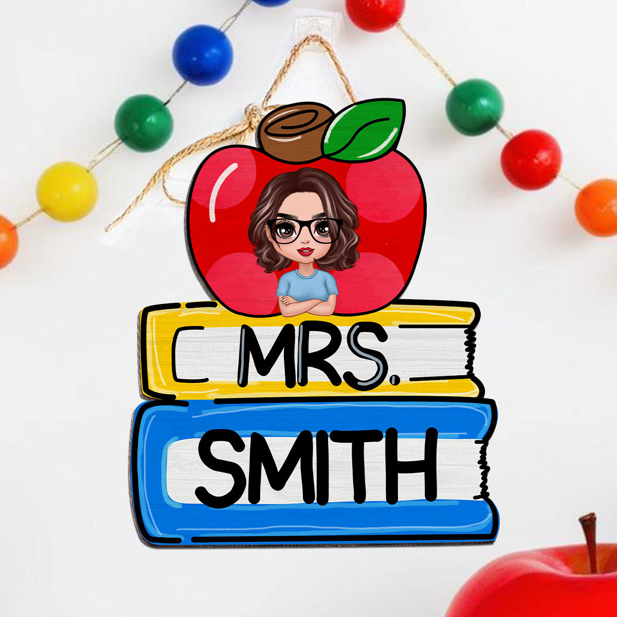 Teacher Apple And Books Personalized Wood Sign, Teacher Appreciation Gift, Classroom Decor, Welcome Back To School