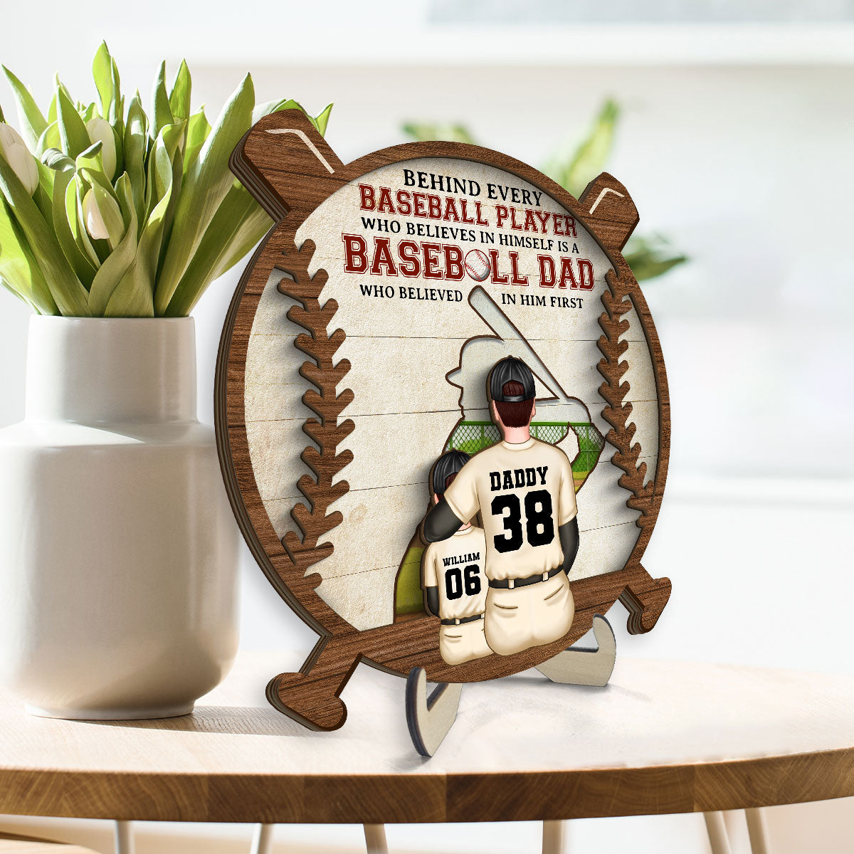 Baseball Dad Behind Every Baseball Player Personalized 2-Layer Wooden Plaque