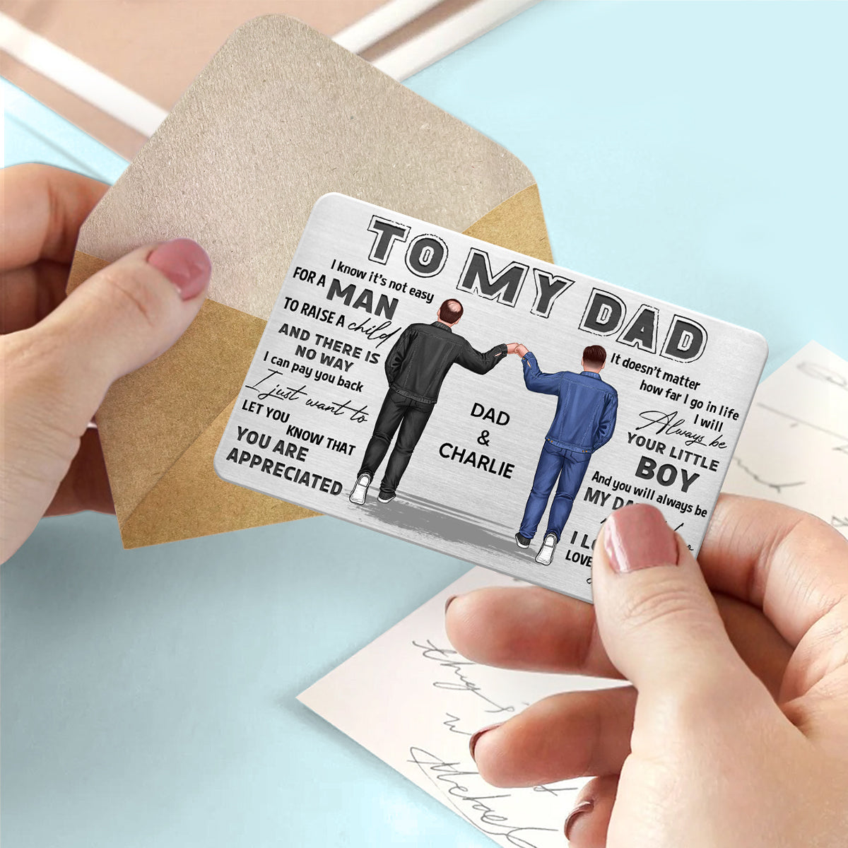 To My Dad Dad And Son Punch Hand Personalized Metal Wallet Card