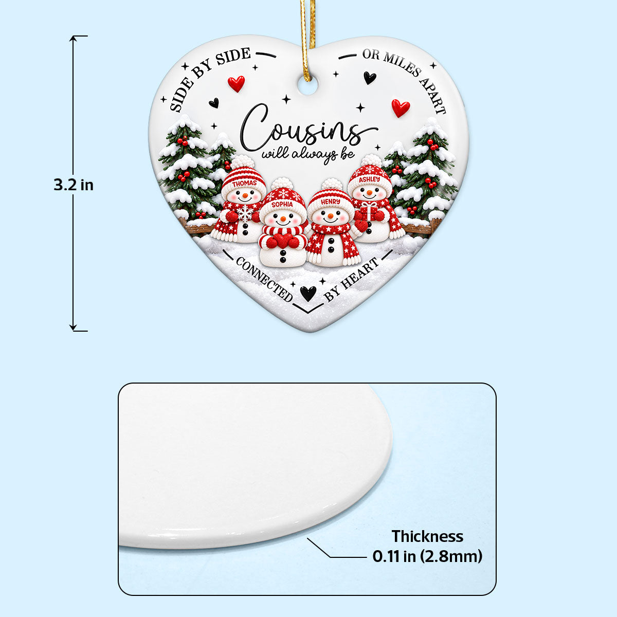 Cousins Connected By Heart - Personalized Ceramic Ornament - Christmas Gift For Cousins, Family