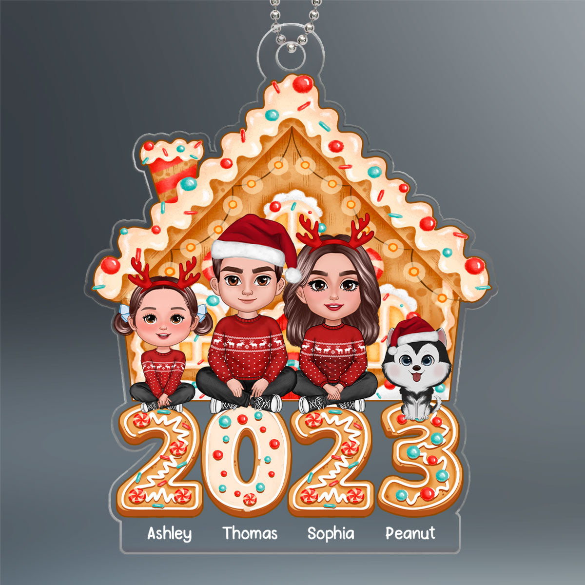 Family Sitting Crossed Legs Gingerbread House 2023 Personalized Acrylic Ornament