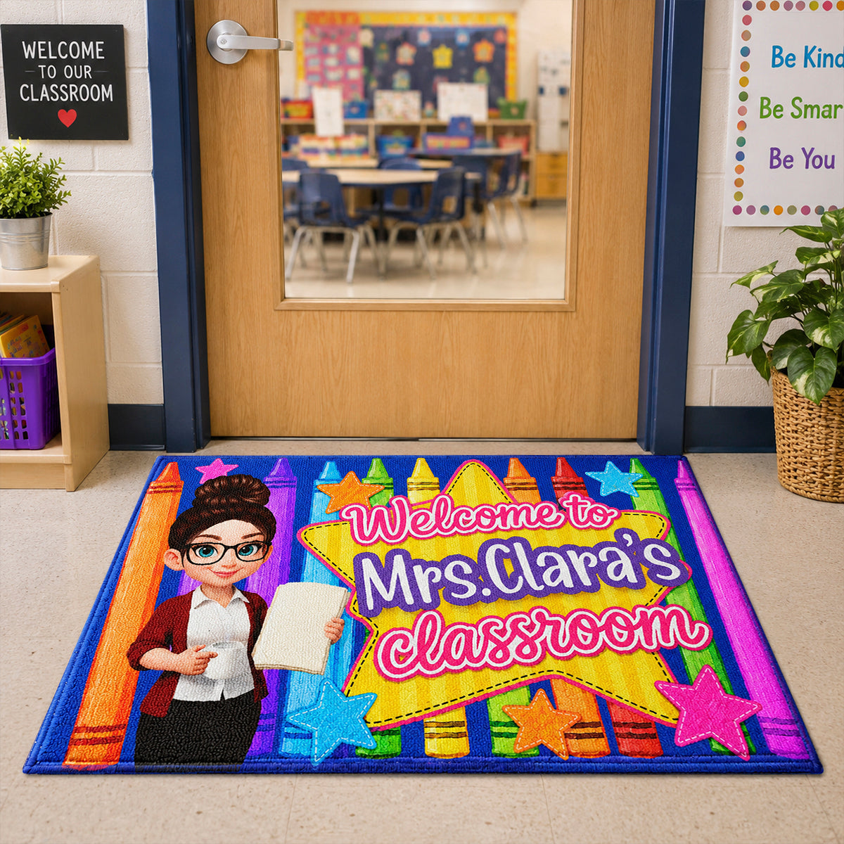 Welcome to Teacher Classroom Pencil Crayon - Personalized Doormat - Back to School Decor, Gift for Teacher