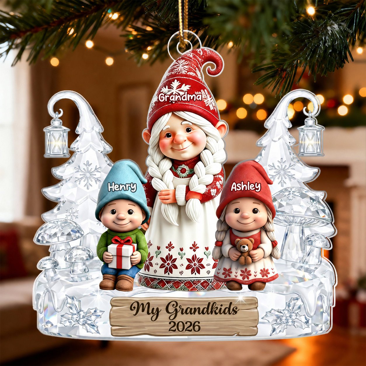 Gnome Grandma And Grandkids Pattern Crystal - Personalized Acrylic Ornament - Heartwarming Christmas Gift For Grandma, Family