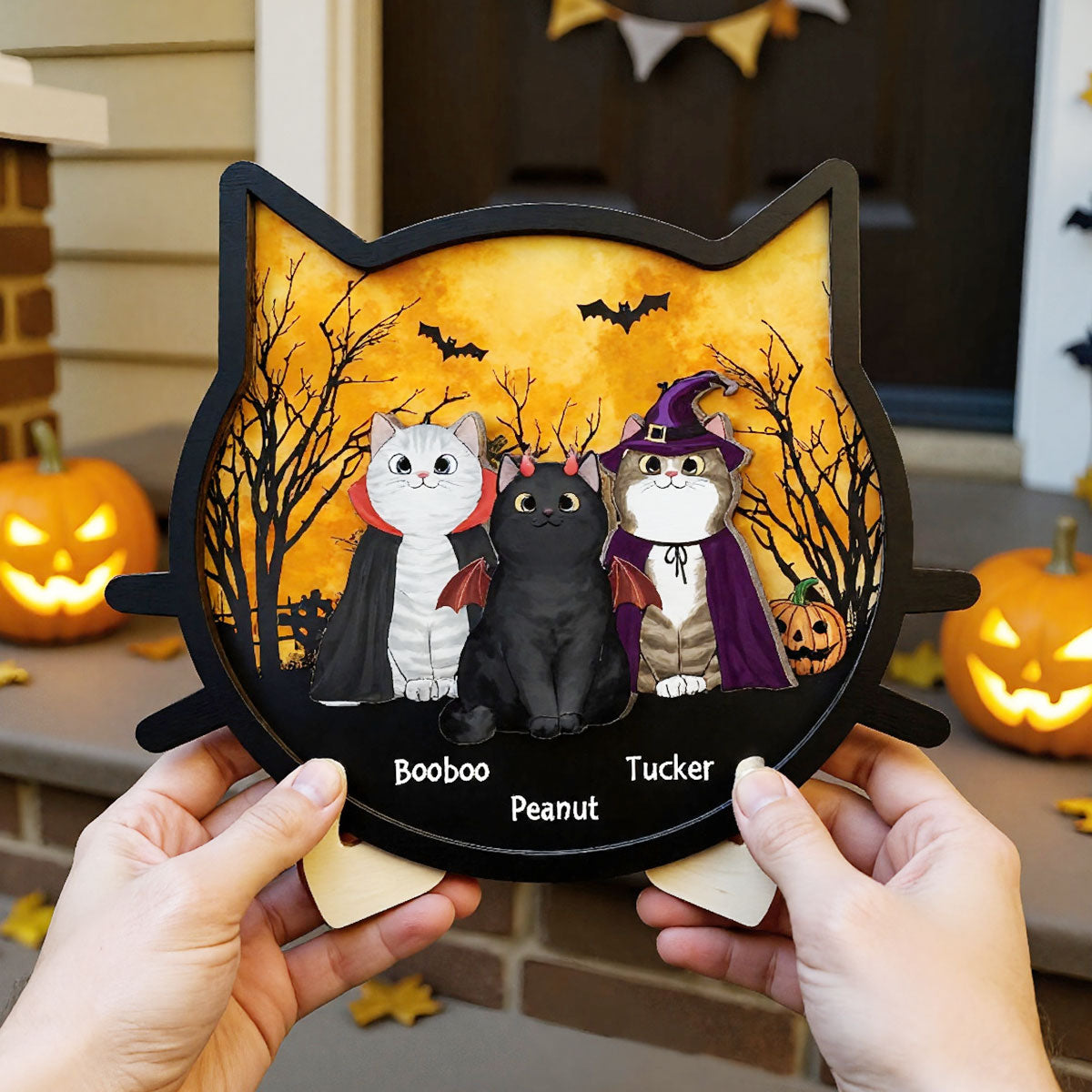 Spooky Halloween Theme Cat Face Personalized 2-Layer Wooden Plaque