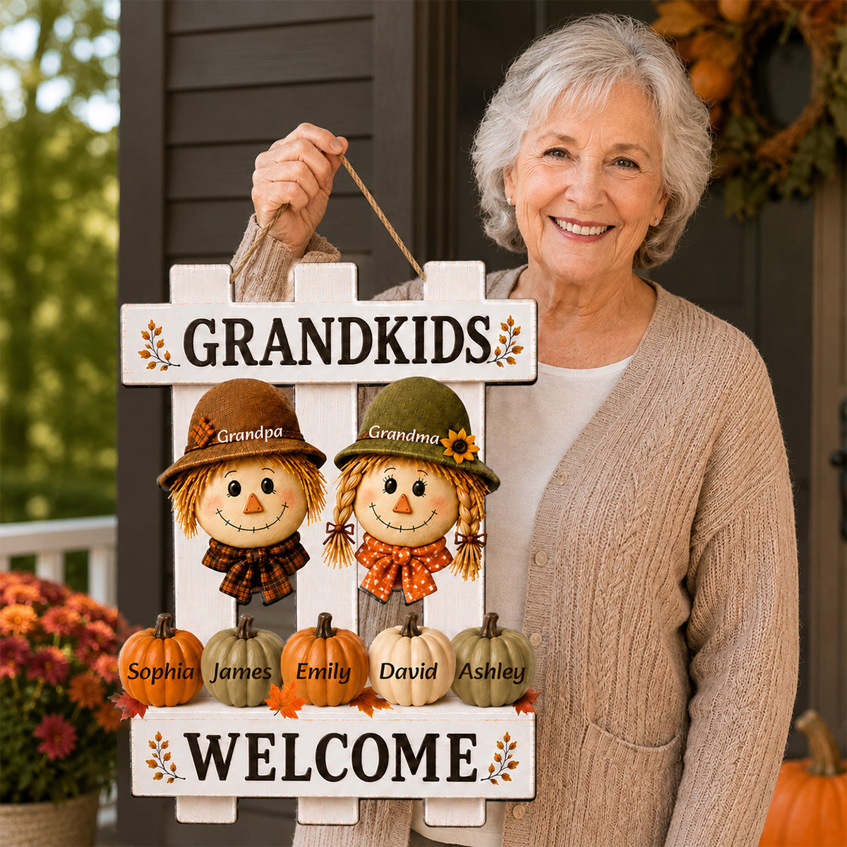Scarecrow Grandparents Welcome Grandkids 2D Flat - Personalized Wood Sign