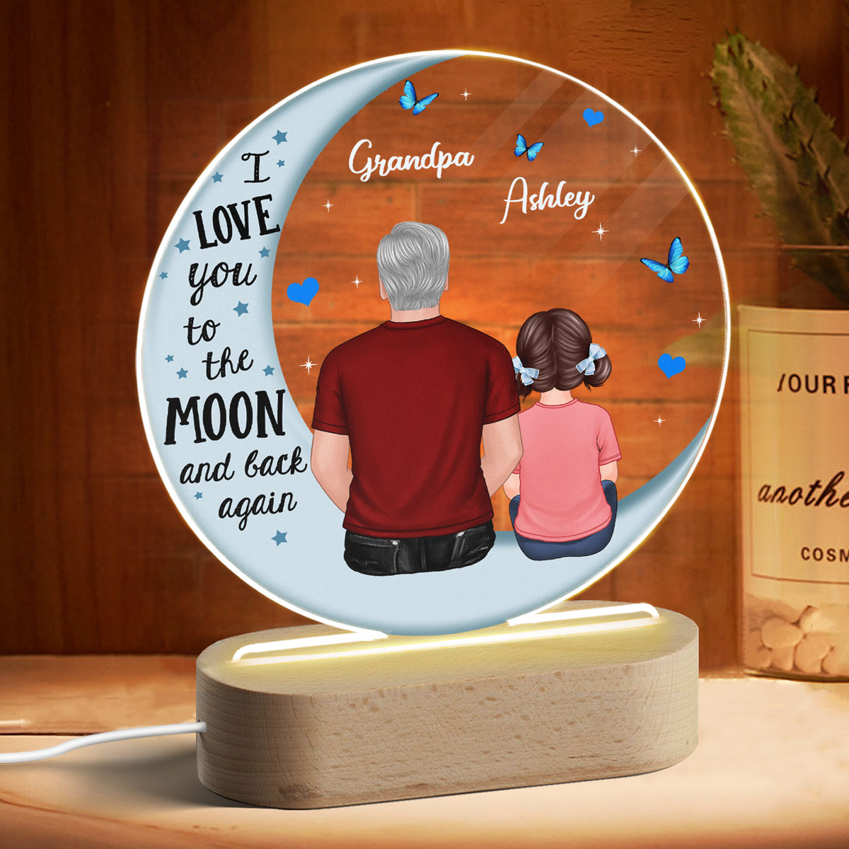 Grandpa Grandkids Blue Moon Personalized Circle LED Night Light Acrylic LED Lamp