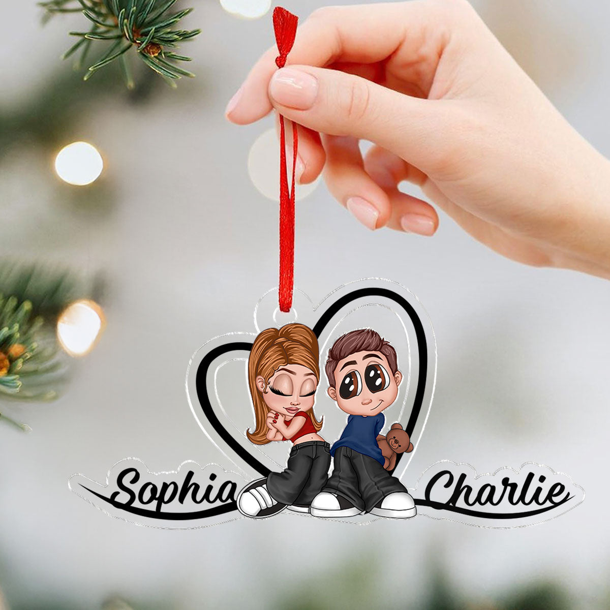 Y2K Couple Heart Shape With Names - Personalized Acrylic Ornament - Anniversary Gift, Unique Gift for Him for Her