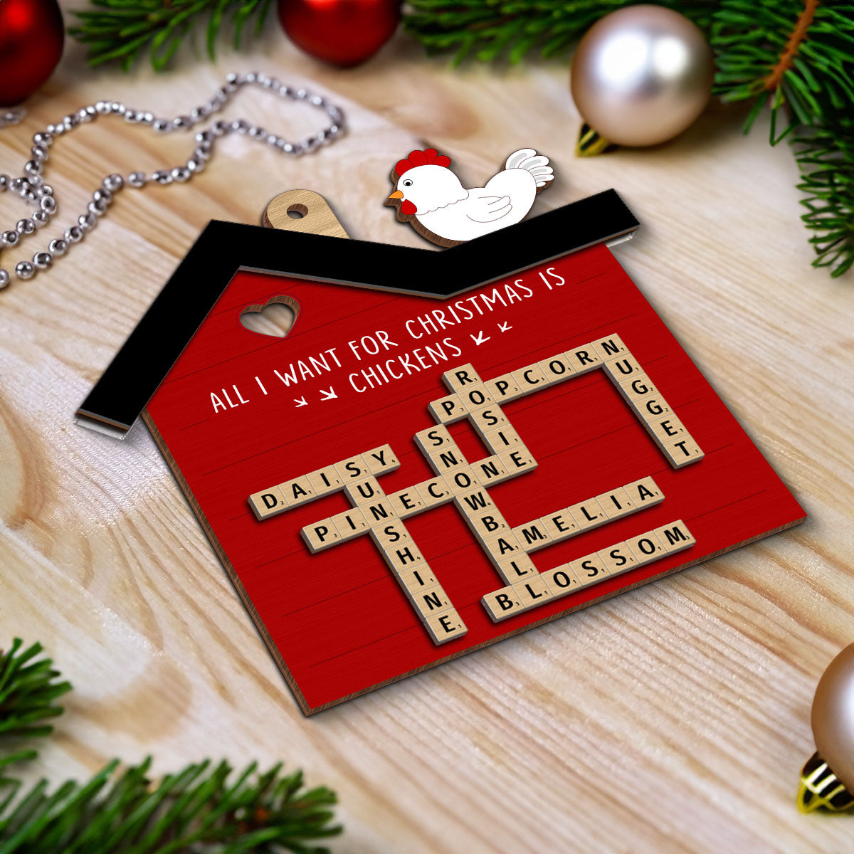 Chicken Coop Crossword Puzzle Art Personalized 2-Layer Wooden Ornament