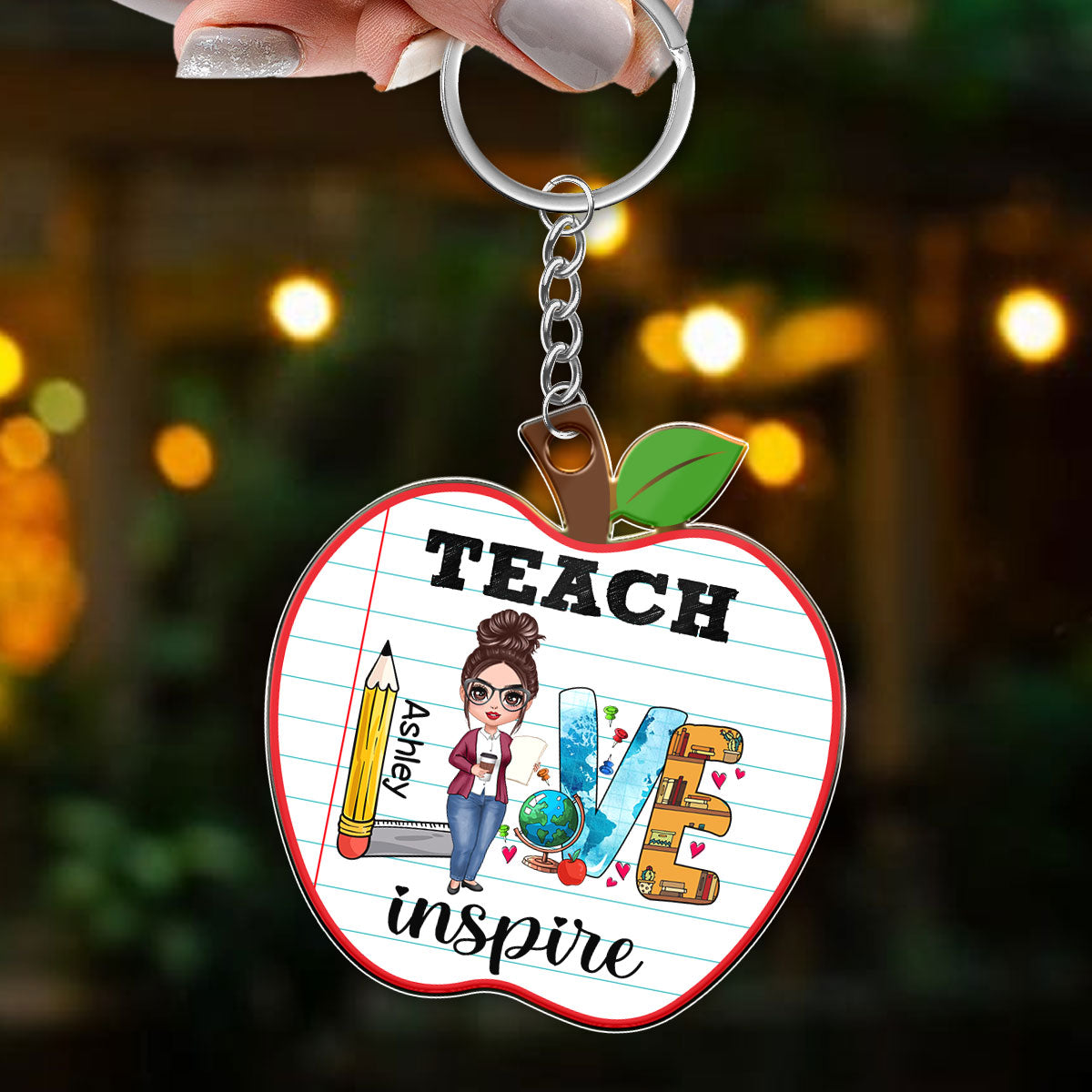 Teach Love Inspire Doll Teacher Personalized Apple Shaped Acrylic Keychain