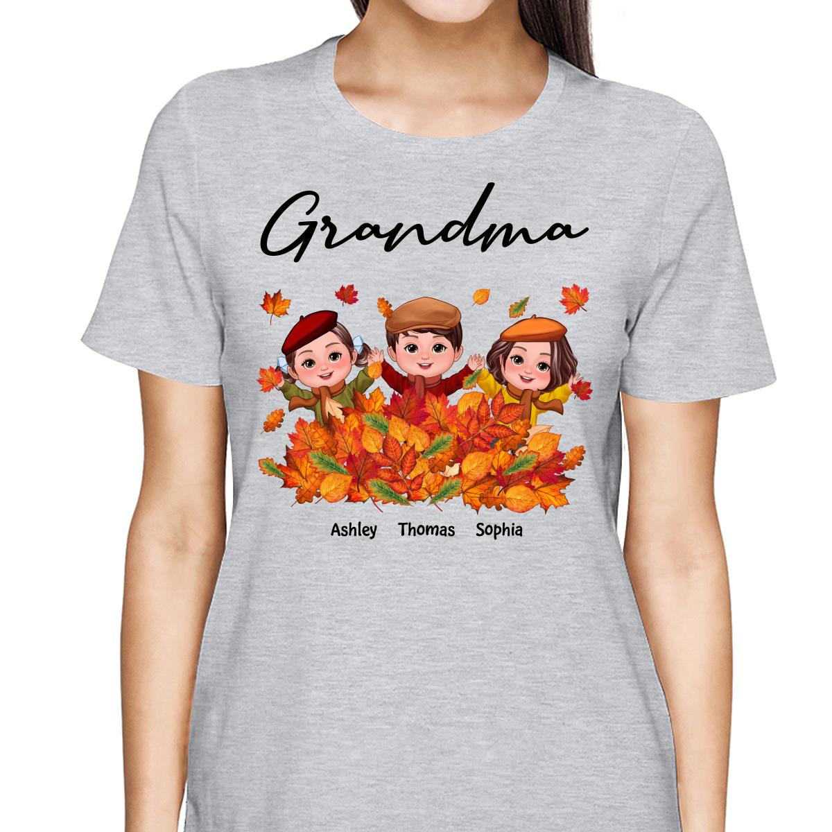 Fall Season Kids Playing In Leaf Pile Grandma Mom Personalized Shirt