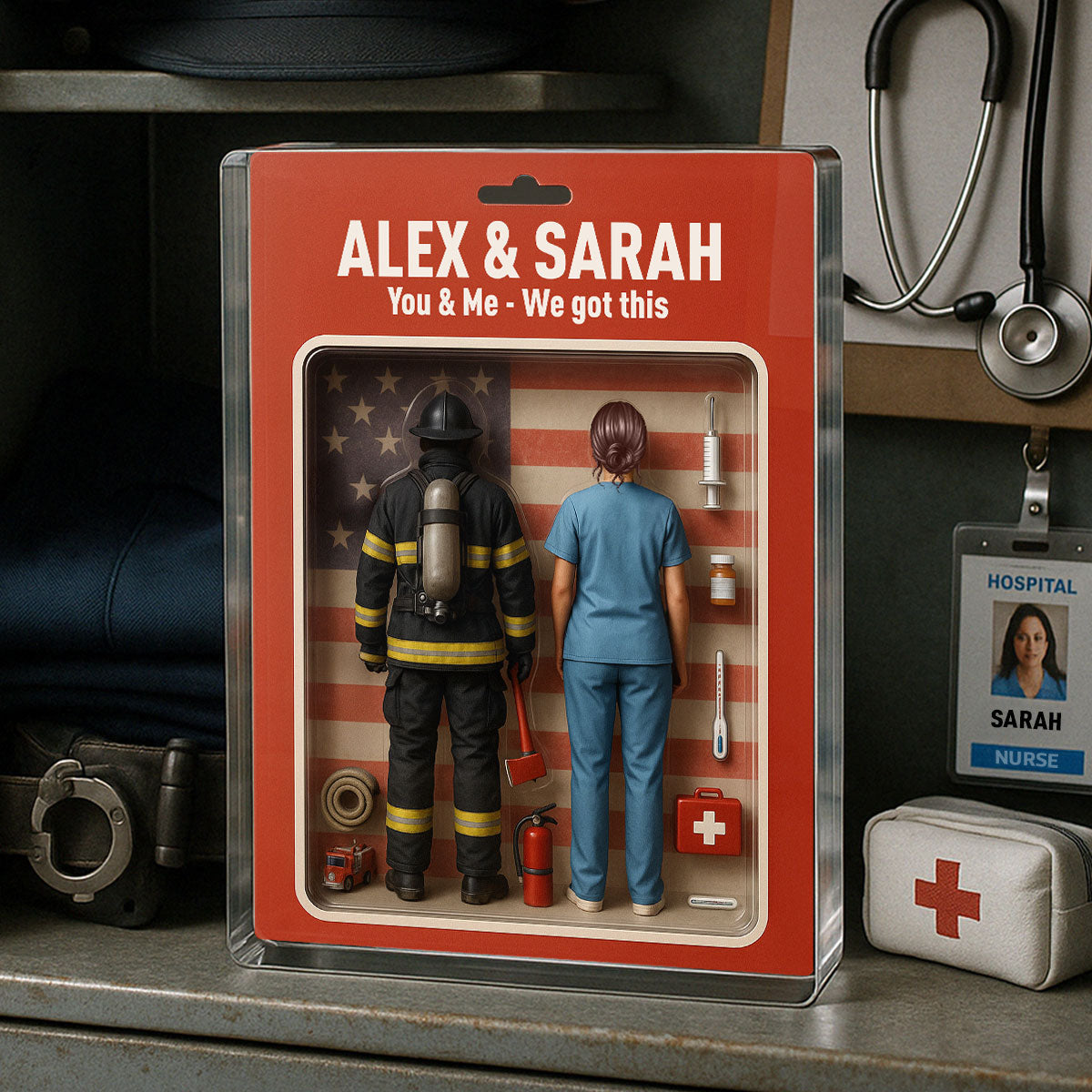 You & Me We Got This Firefighter & Nurse Couple Realistic Figures Style Personalized Acrylic Block Plaque