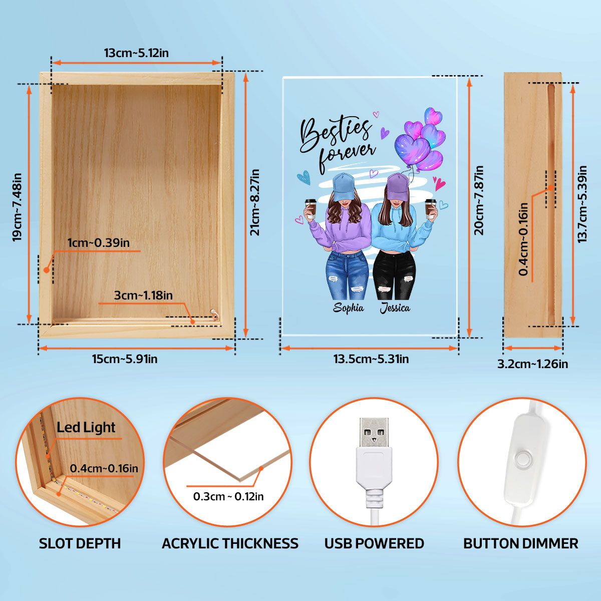 Besties Forever Front View Besties Personalized Wooden Frame Light Box