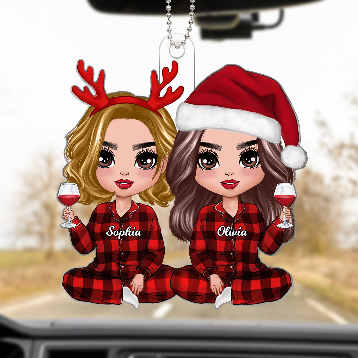 Christmas Pajamas Doll Besties Sisters Sitting Personalized Acrylic Ornament