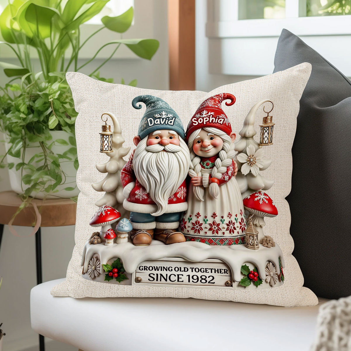 3D Effect Gnome Couple Together Personalized Pillow, Heartfelt  Gift For Couple, For Him, For Her, Husband, Wife