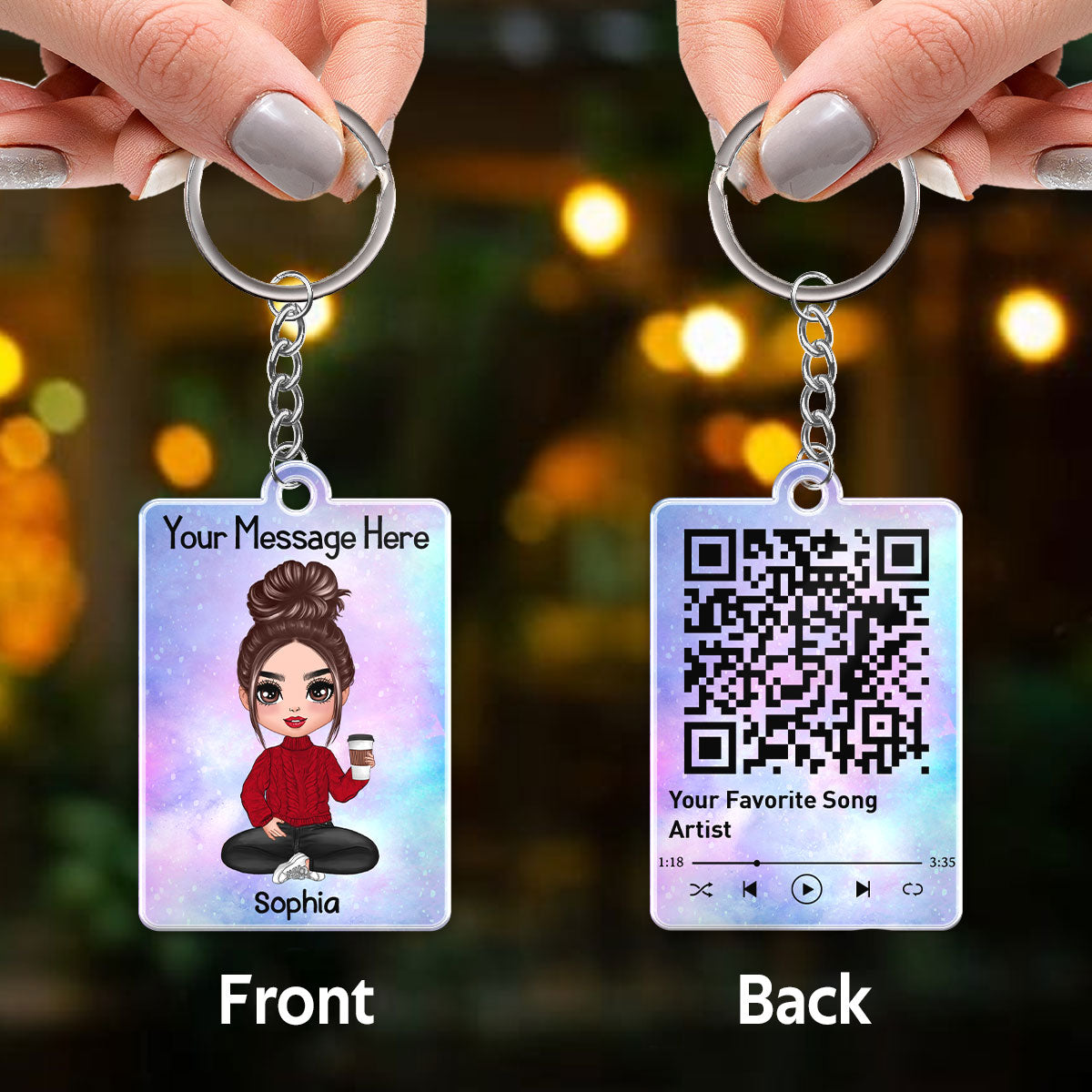 Custom Character Family Member With Favorite Song QR Code Personalized Acrylic Keychain
