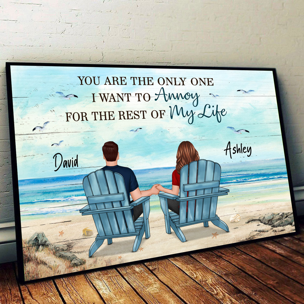 Back View Couple Sitting Beach Landscape Personalized Horizontal Poster