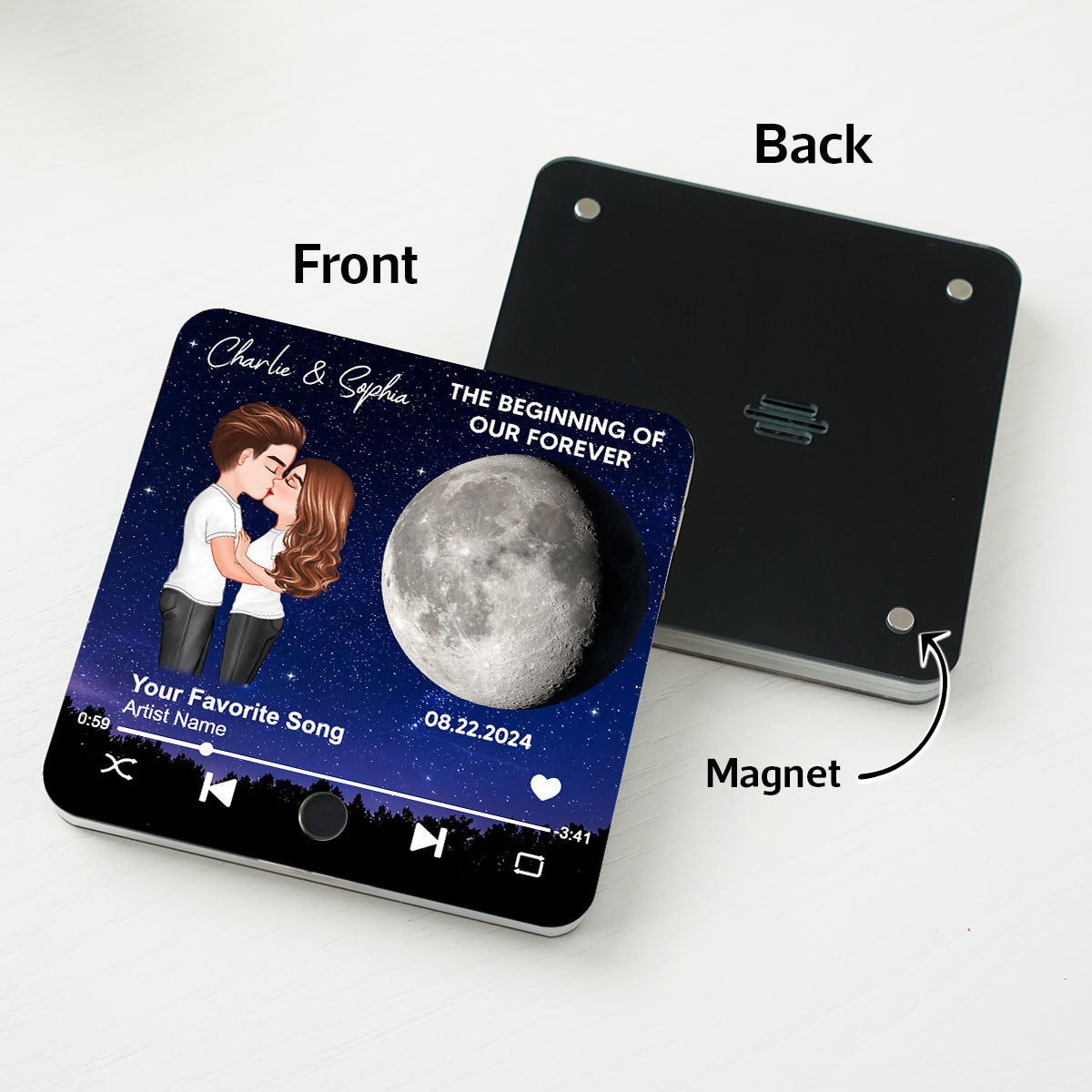 Couple Hugging Kissing Custom Moon Phases The Day We Met Personalized Music Fridge Magnet, Heartfelt Gift For Couple, For Him, For Her, Boyfriend, Girlfriend, Husband, Wife