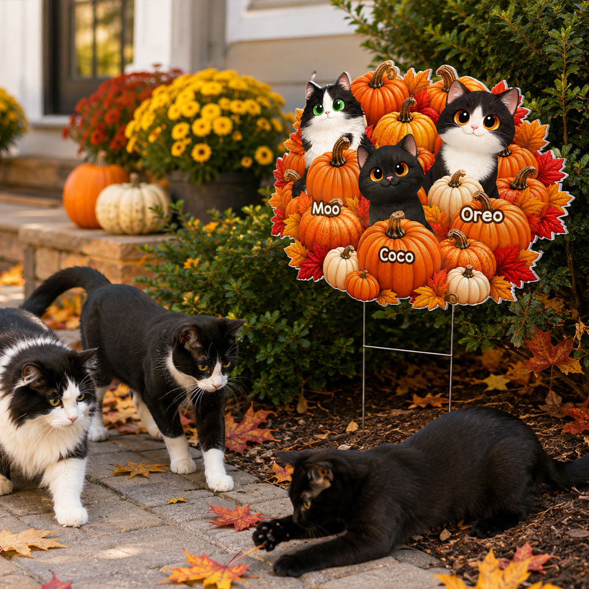 Fall Season Cute Cats Play In Pumpkin Patch - Personalized Yard Sign - Fall Decor For Cat Lovers