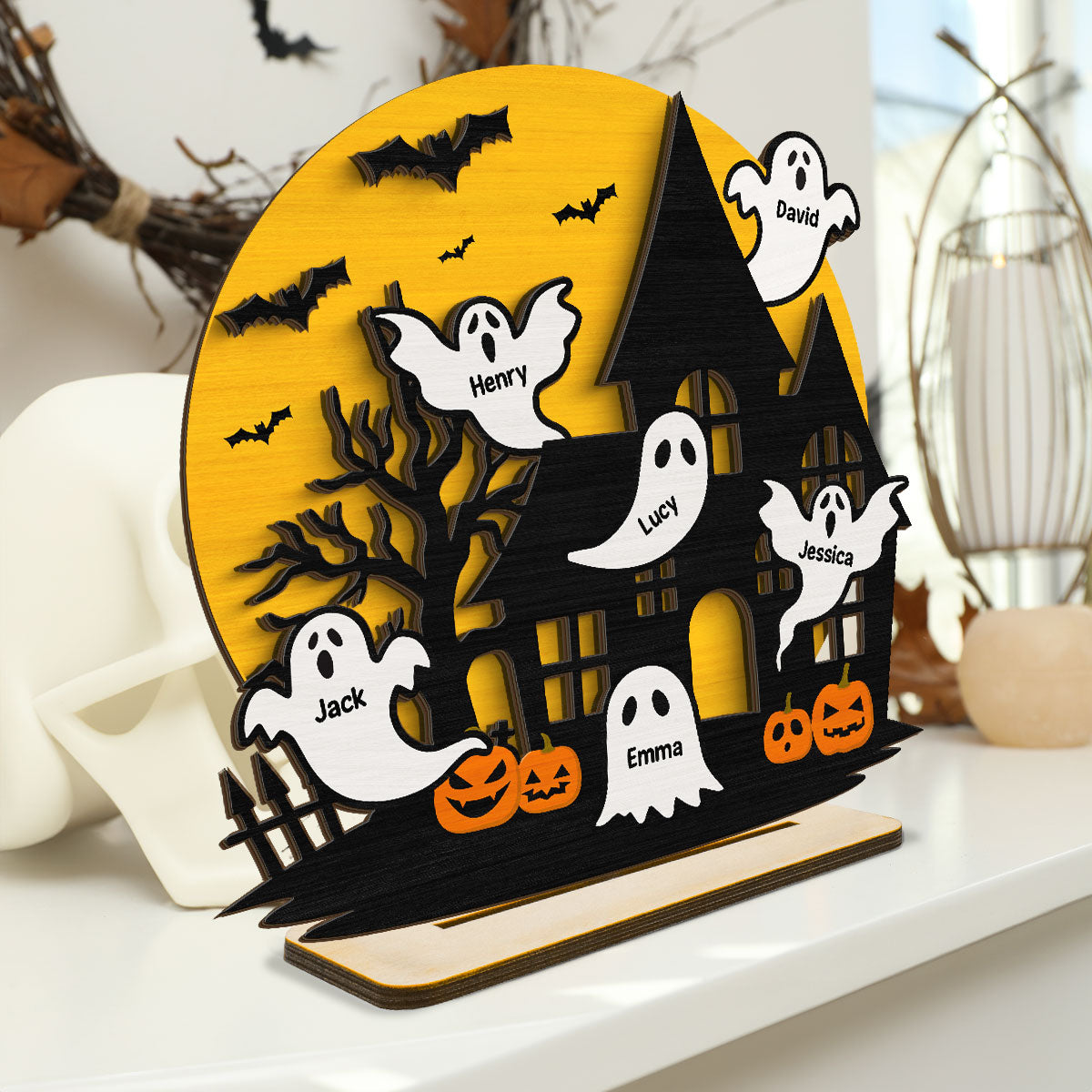 Haunted House Family Boo Personalized 2-Layer Standing Wooden Plaque, Halloween Decoration