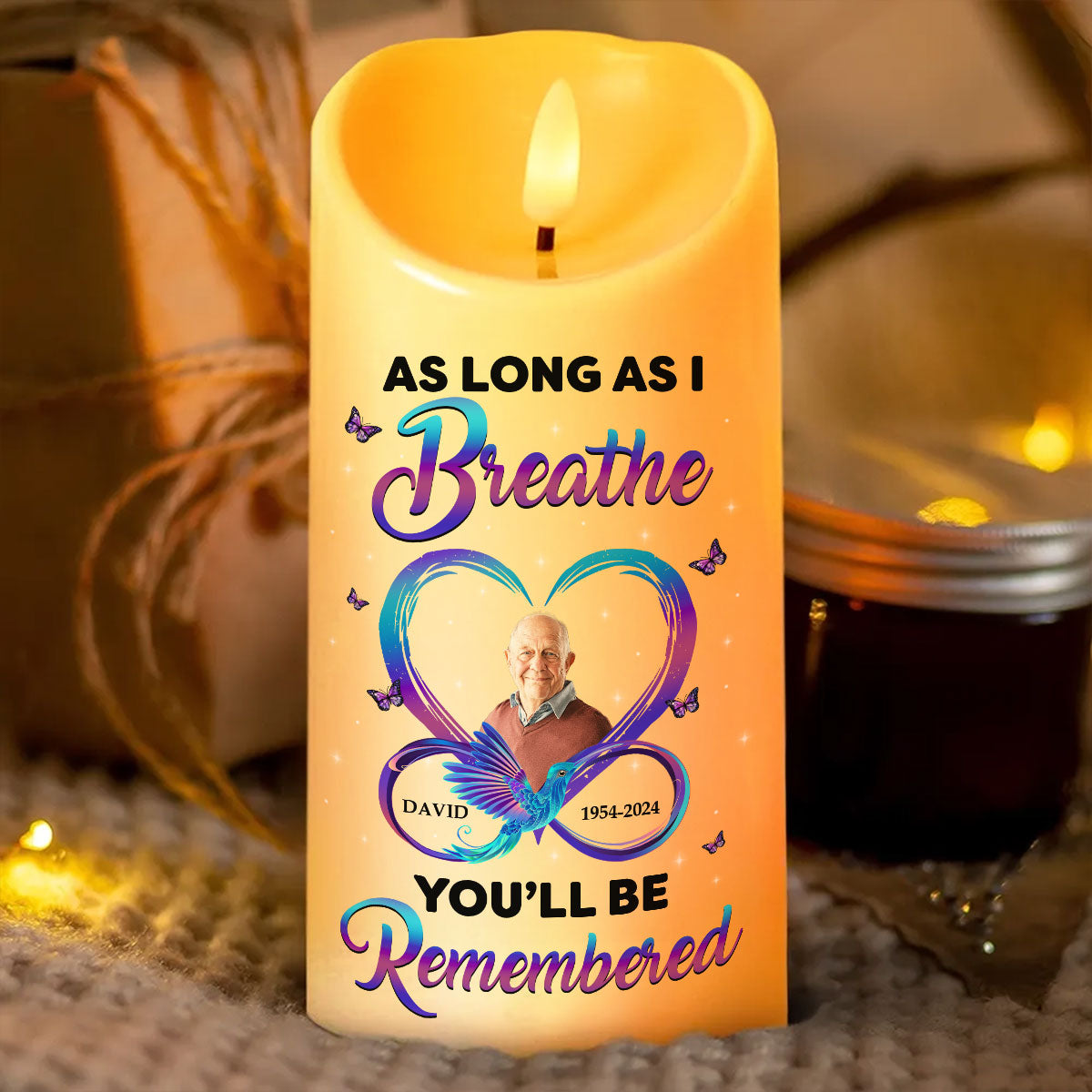 As Long As I Breathe You'll Be Remembered Personalized Flameless LED Candle, Christmas Gift, Sympathy Gift For Family Members