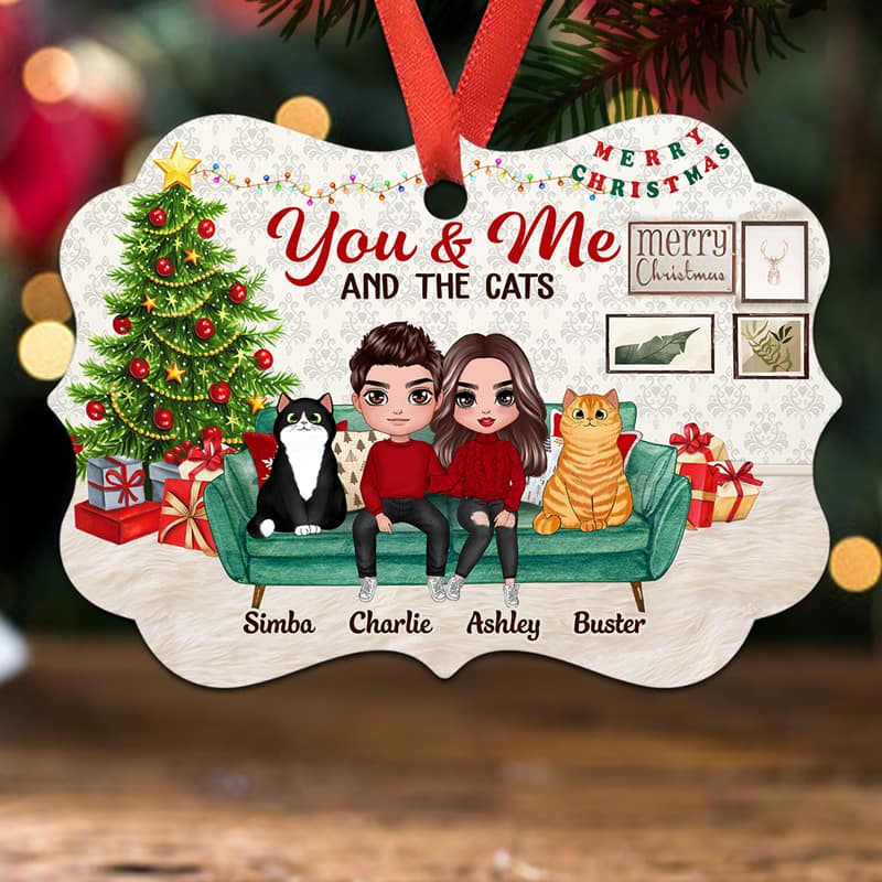 Couple And Cats Sitting On Sofa Personalized Christmas Ornament