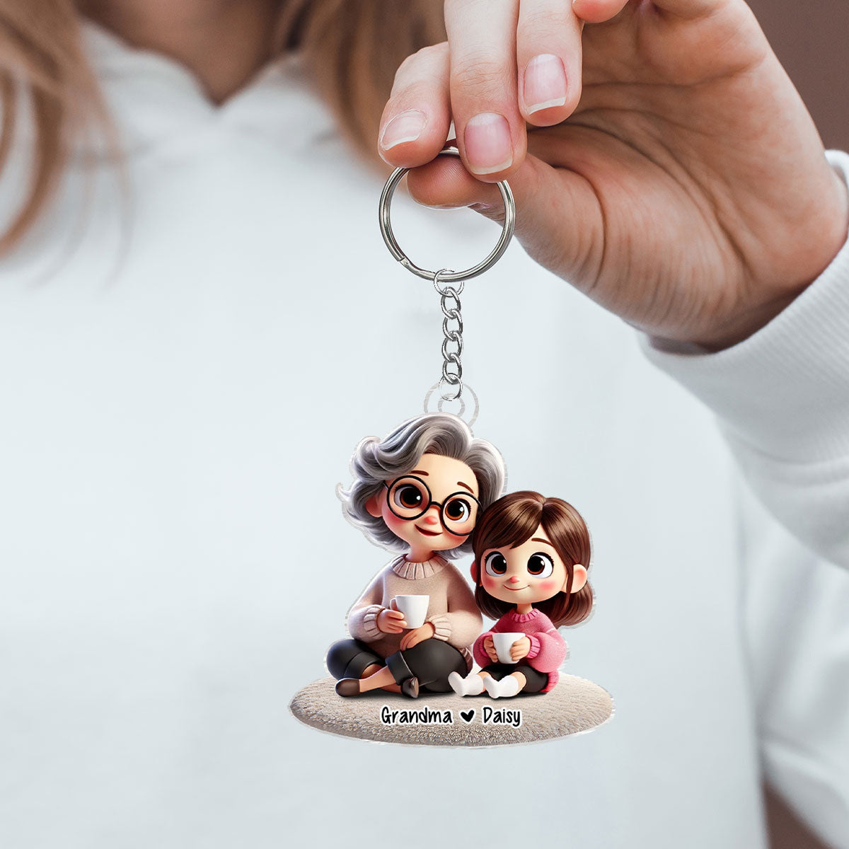 Happy Grandma & Grandkid Sitting Personalized Acrylic Keychain, Perfect 2025 Gift For Mom, For Grandma