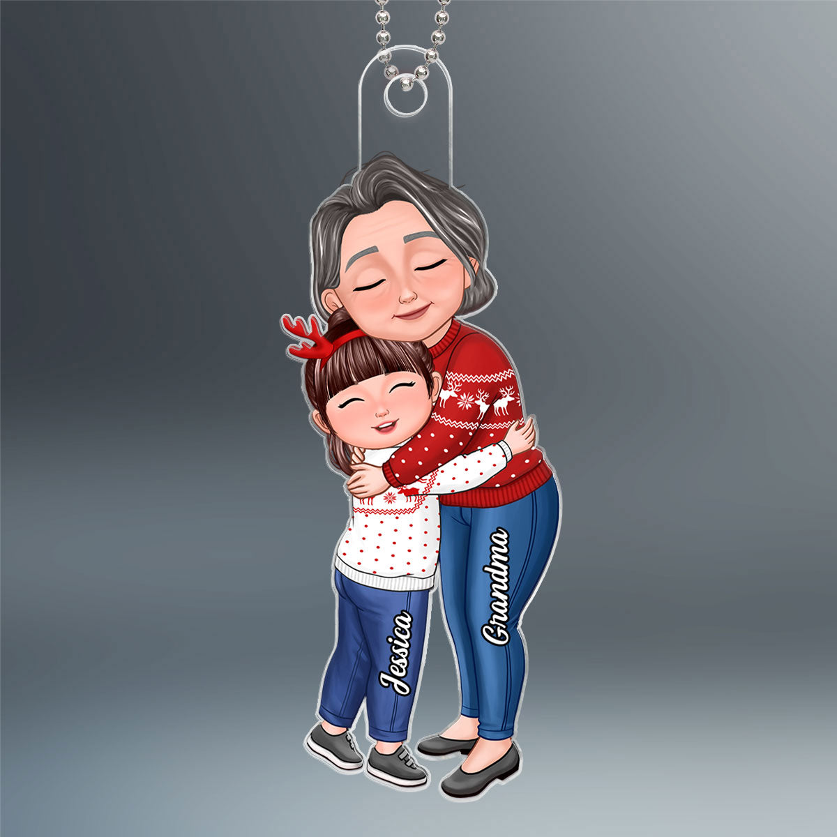 New Face Grandma & Grandkid Hugging Eyes Closed Personalized Acrylic Ornament