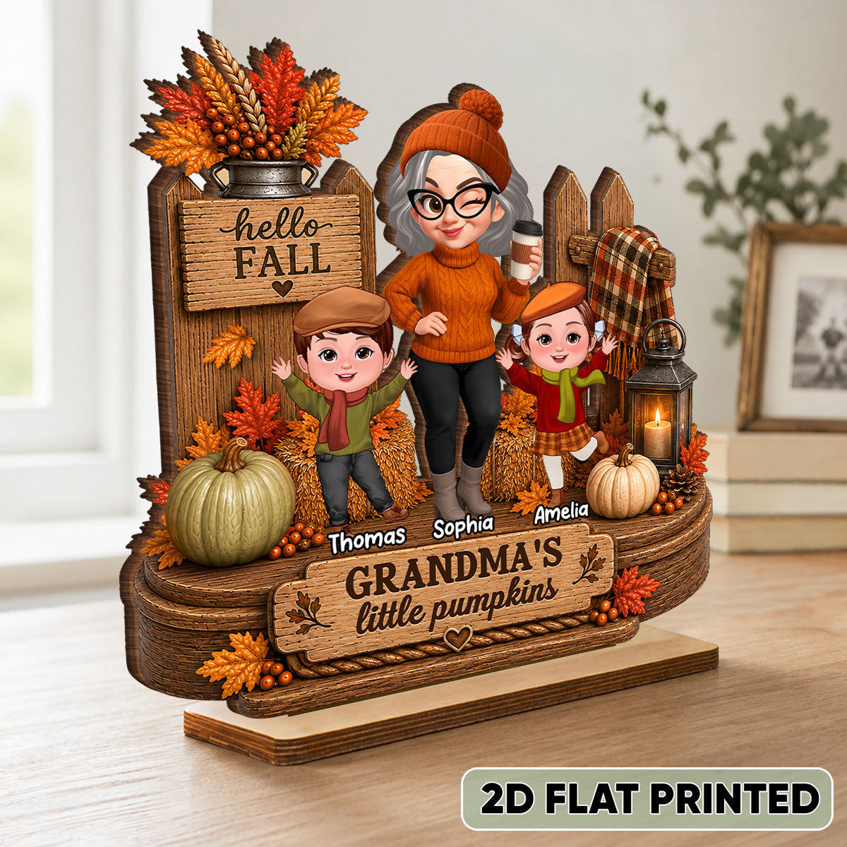 Hello Fall Grandma's Little Pumpkins - Personalized 2-Layered Wooden Plaque - Cozy Fall Decor for Grandma
