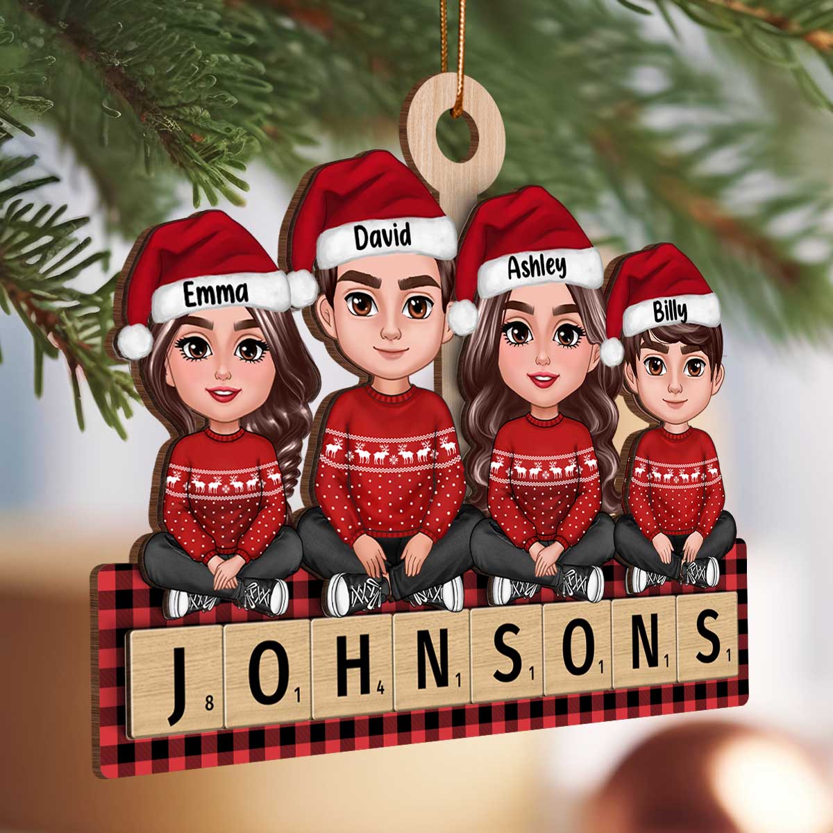 Whole Family Sitting On Word Personalized 2-Layer Wooden Ornament