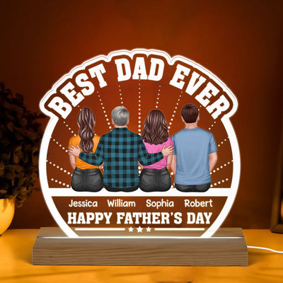 Best Dad Ever Back View Dad And Daughters Sons Sitting Personalized Custom Shape Acrylic Plaque Warm LED Night Light