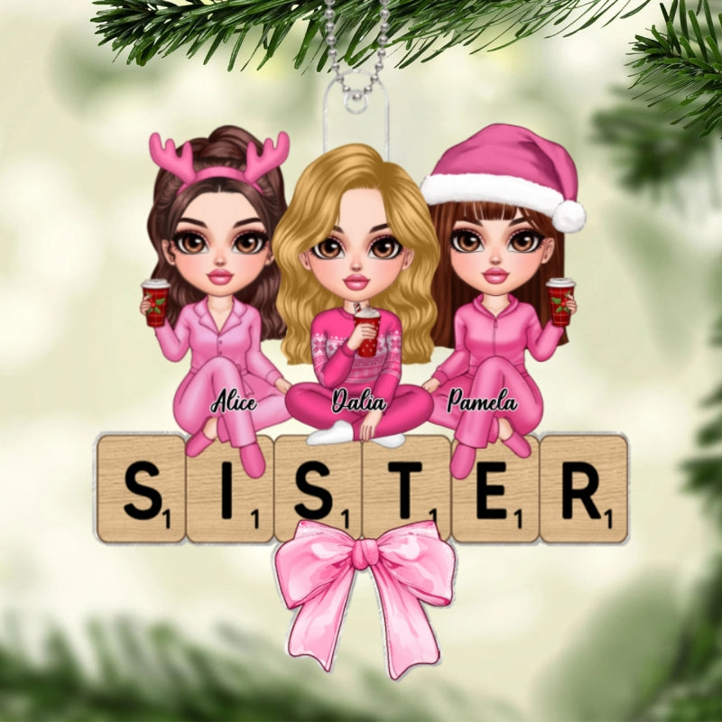 Coquette Besties Sisters Puzzle Art Personalized Acrylic Ornament, Christmas Gift For Besties Sisters Friends