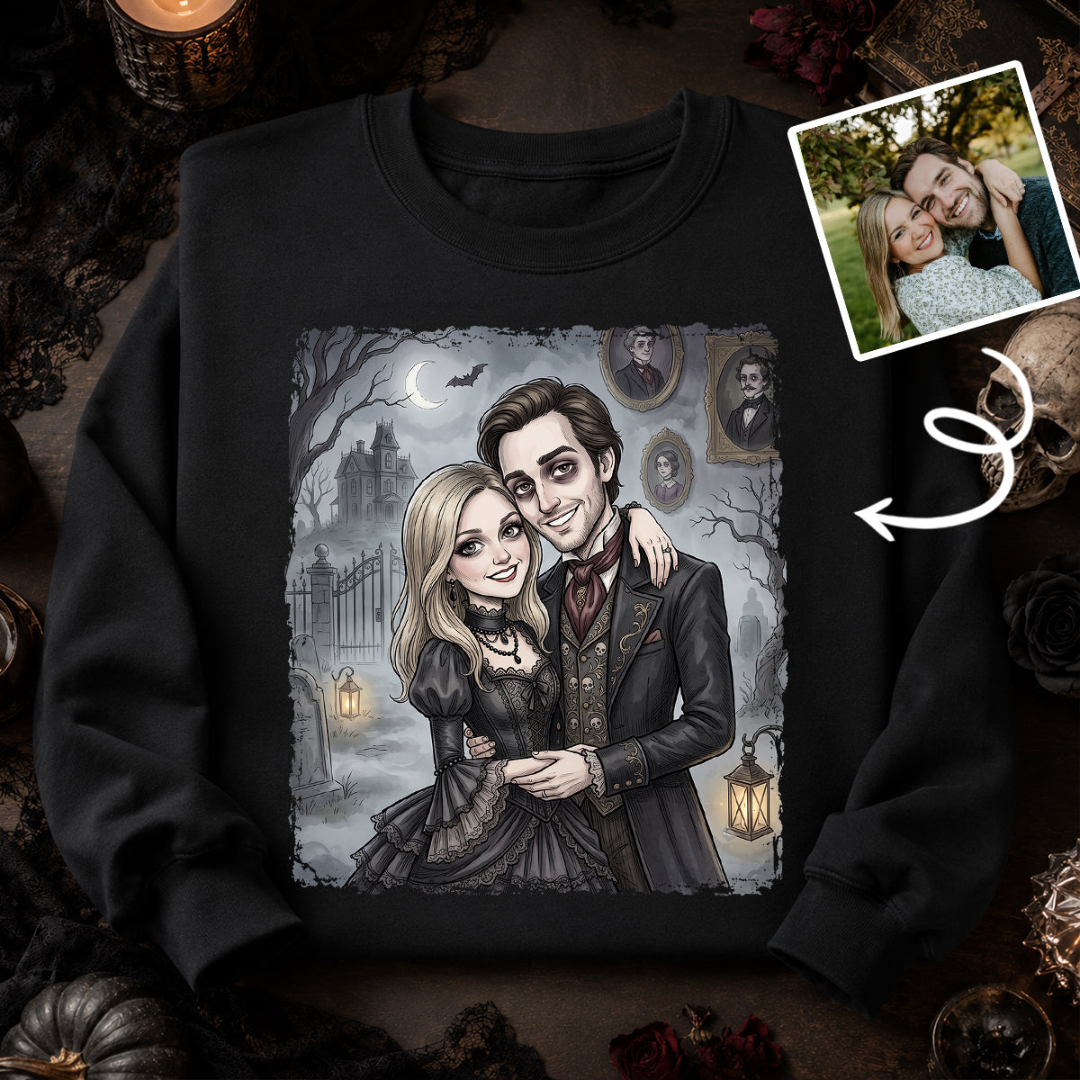 Custom Gothic Couple Portrait from Photo - Personalized Shirt - Couple Halloween Matching Shirts, Anniversary Gift for Her, for Him