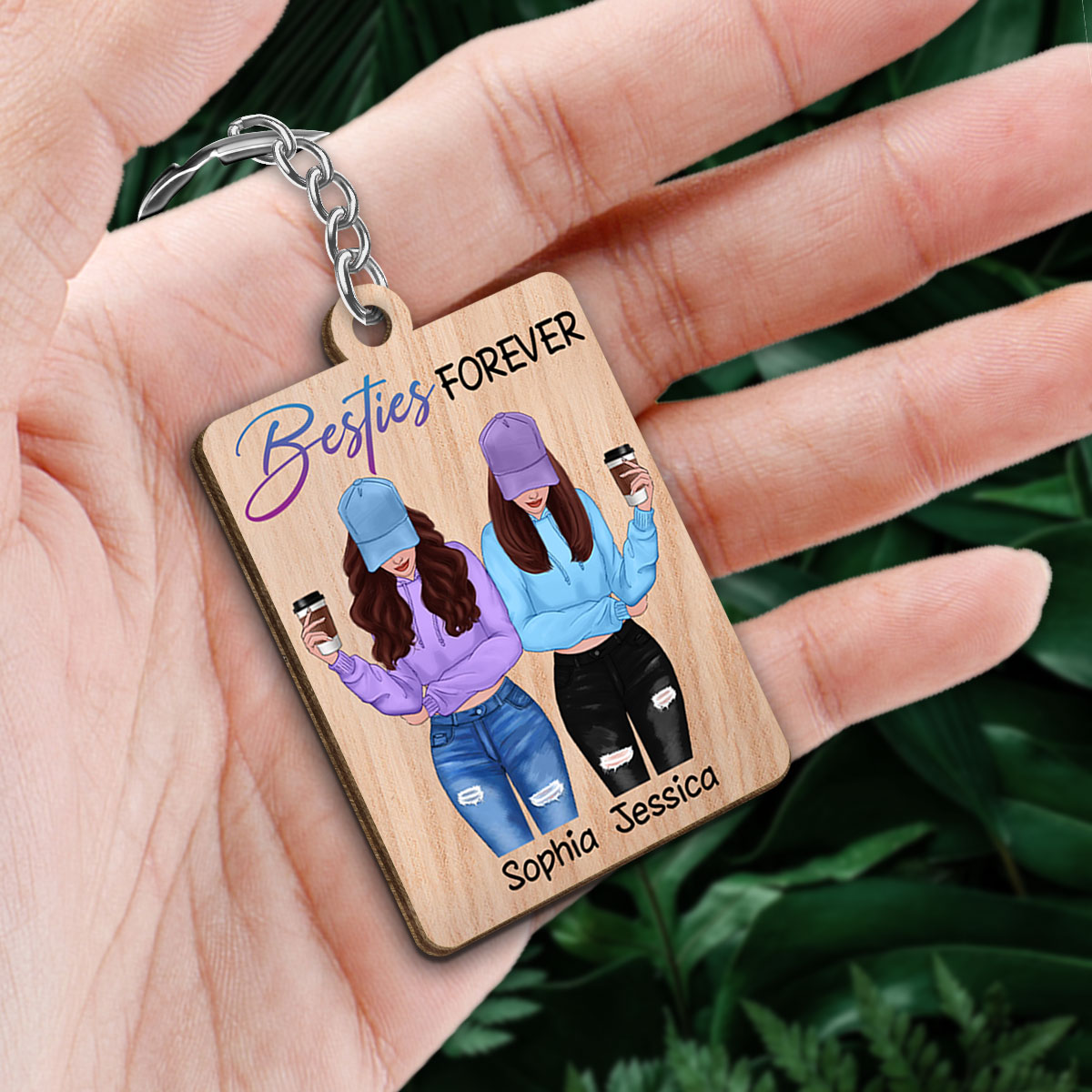 Front View Besties Favorite Song Scannable QR Code Personalized Wooden Keychain