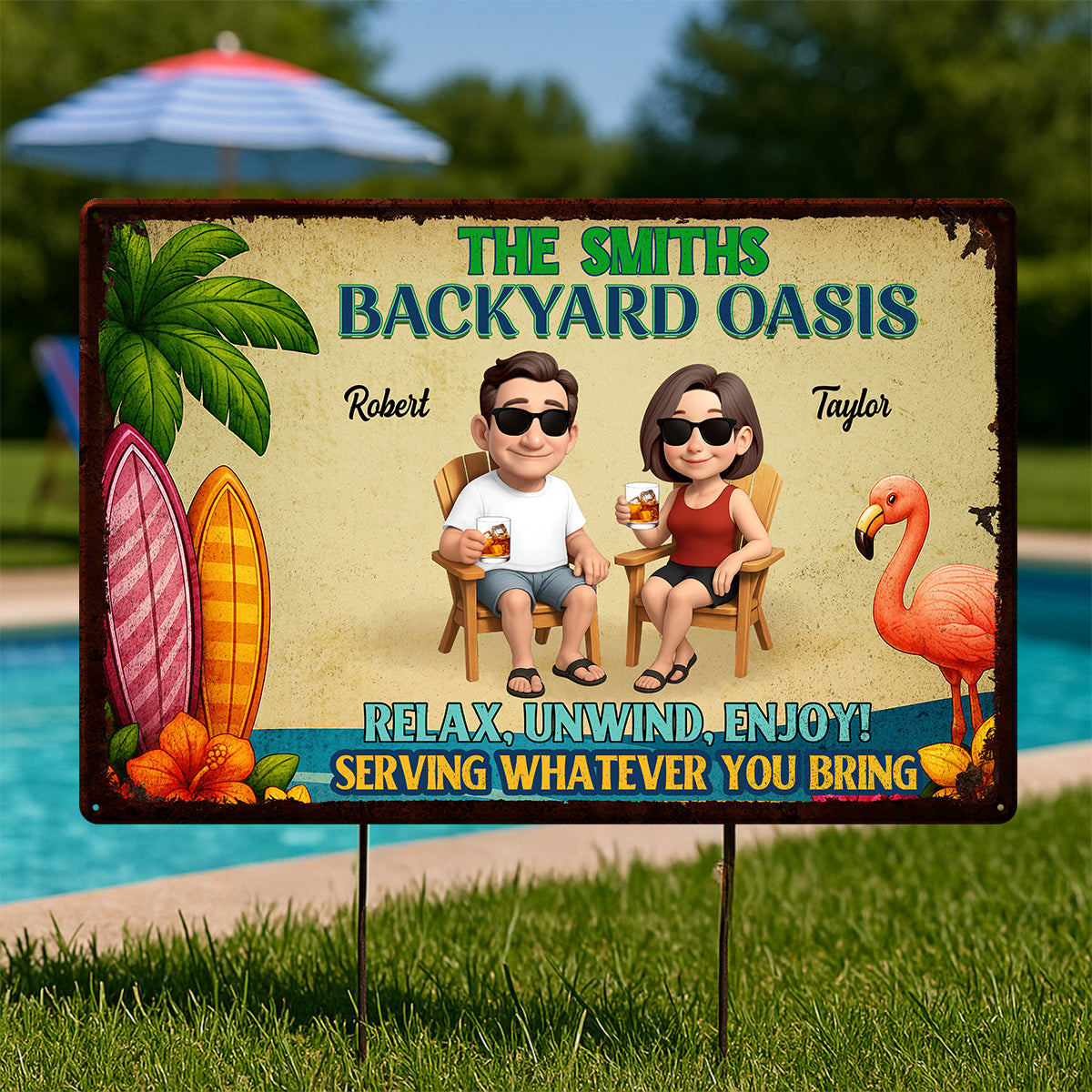 Backyard Oasis Serving Whatever You Bring, Personalized Metal Sign, Patio Decor, Pool Sign, Tiki Bar