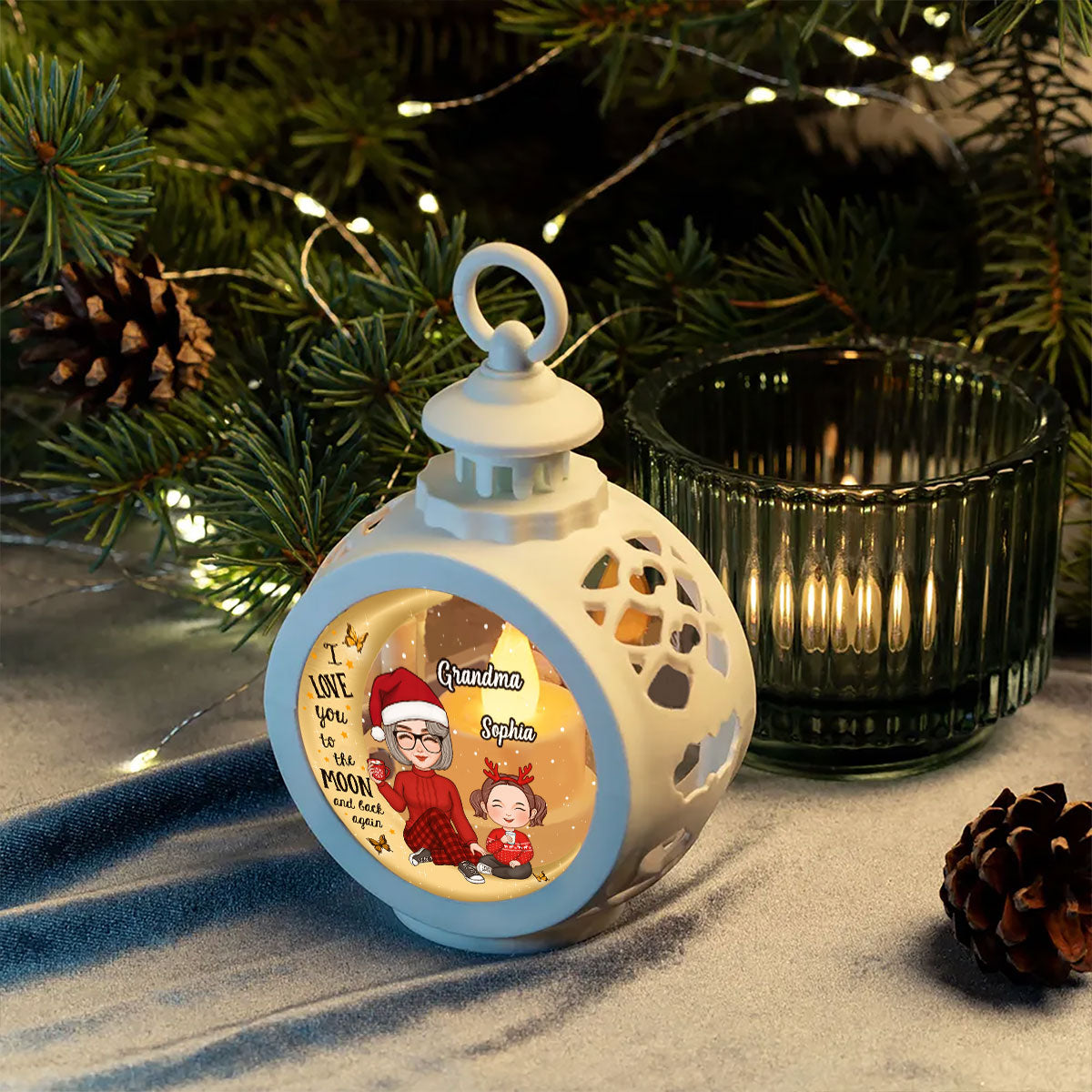 Cute Grandma & Grandkid On Moon Christmas Gift Personalized Lantern Ornament